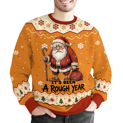 Humorous christmas ugly sweater featuring a disheveled Santa and It's Been a Rough Year text on an orange background, main view