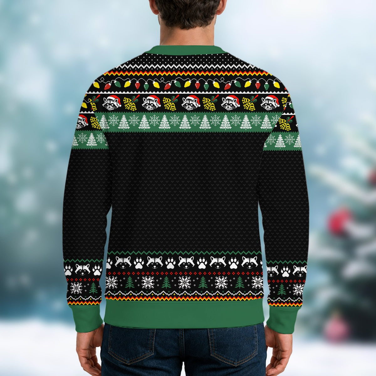 Detailed back view showing the holiday pattern on the ugly sweater