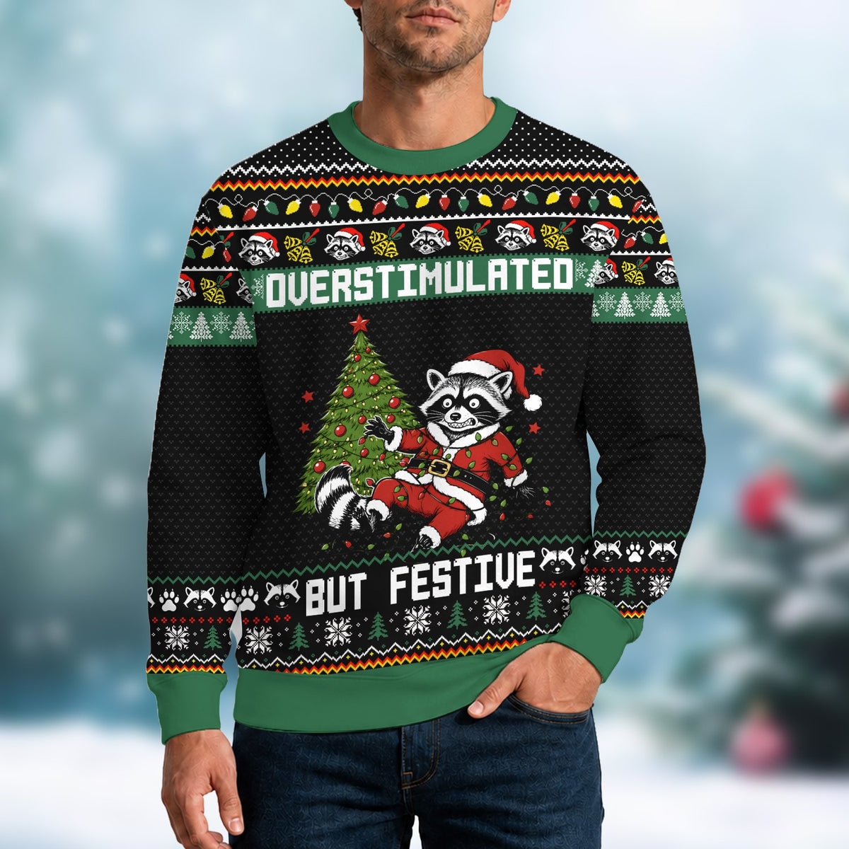 Back view of the black humorous christmas raccoon ugly sweater