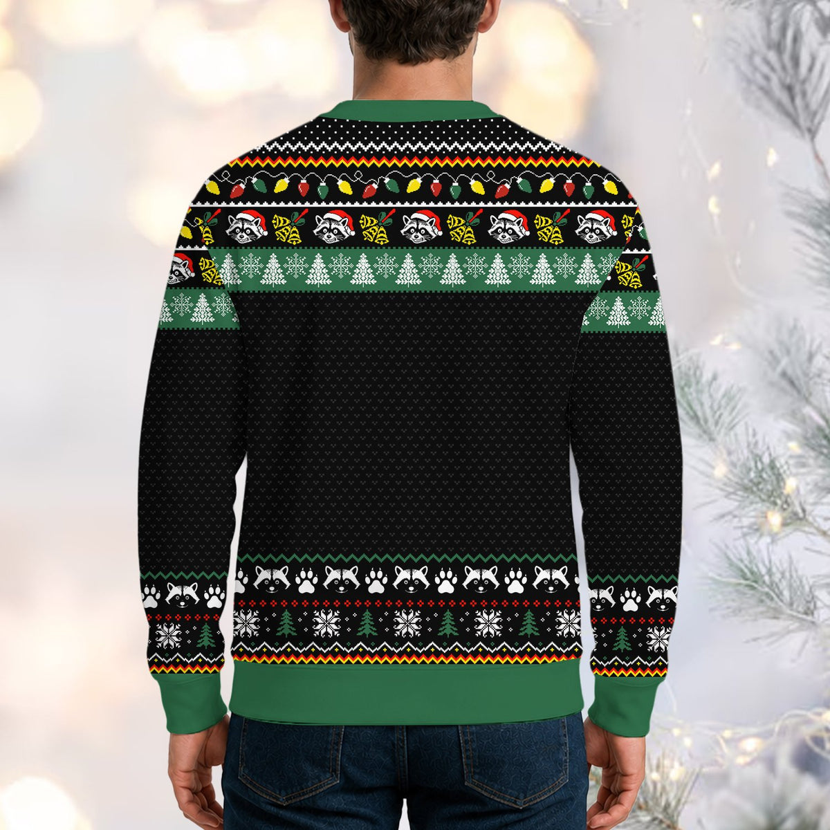 Detailed front view of the overstimulated but festive raccoon sweater