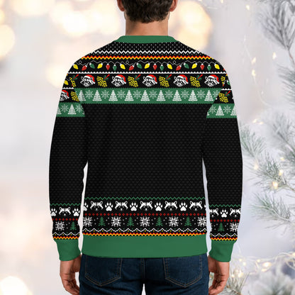 Detailed front view of the overstimulated but festive raccoon sweater