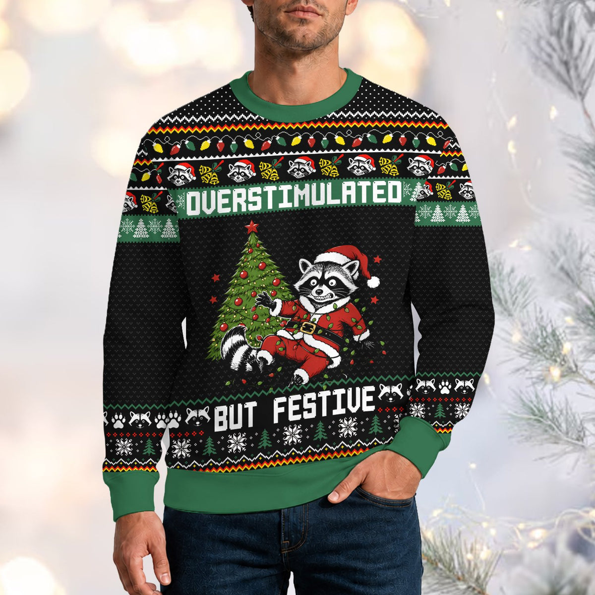 Humorous christmas raccoon ugly sweater in black, main view