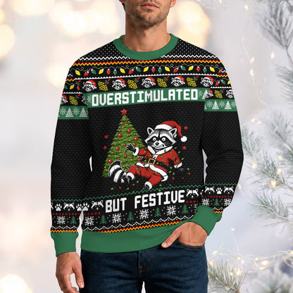 Humorous christmas raccoon ugly sweater in black, main view
