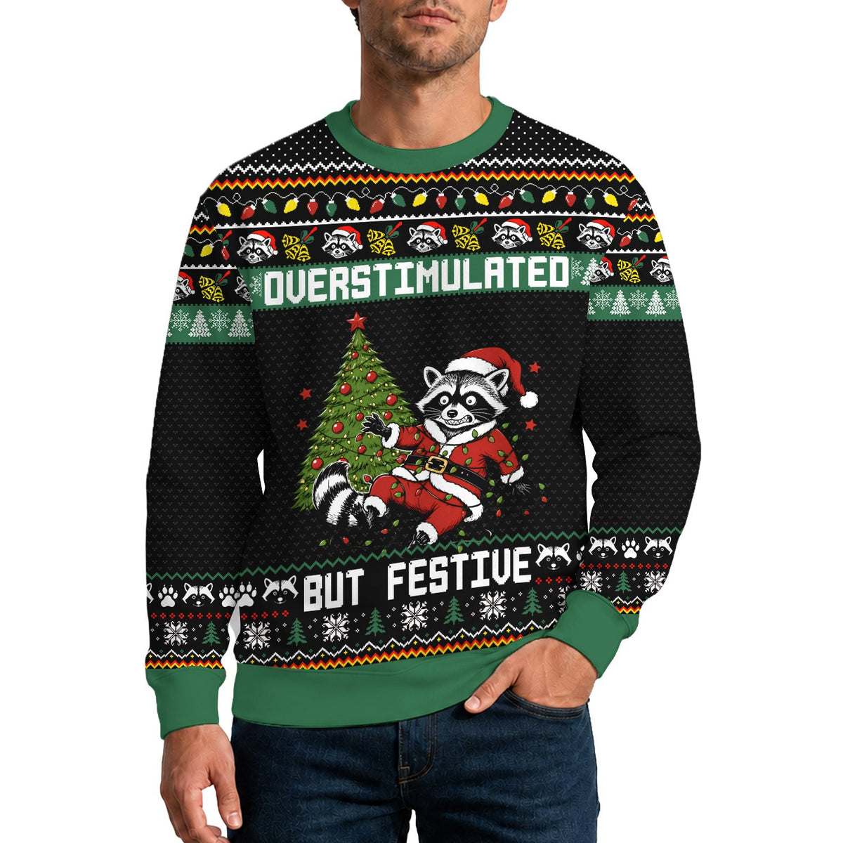 Another lifestyle view of the black humorous ugly sweater on an adult
