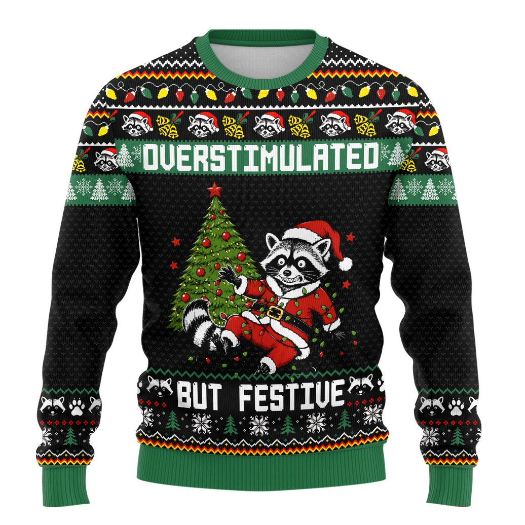Lifestyle shot highlighting the festive raccoon design on the sweater