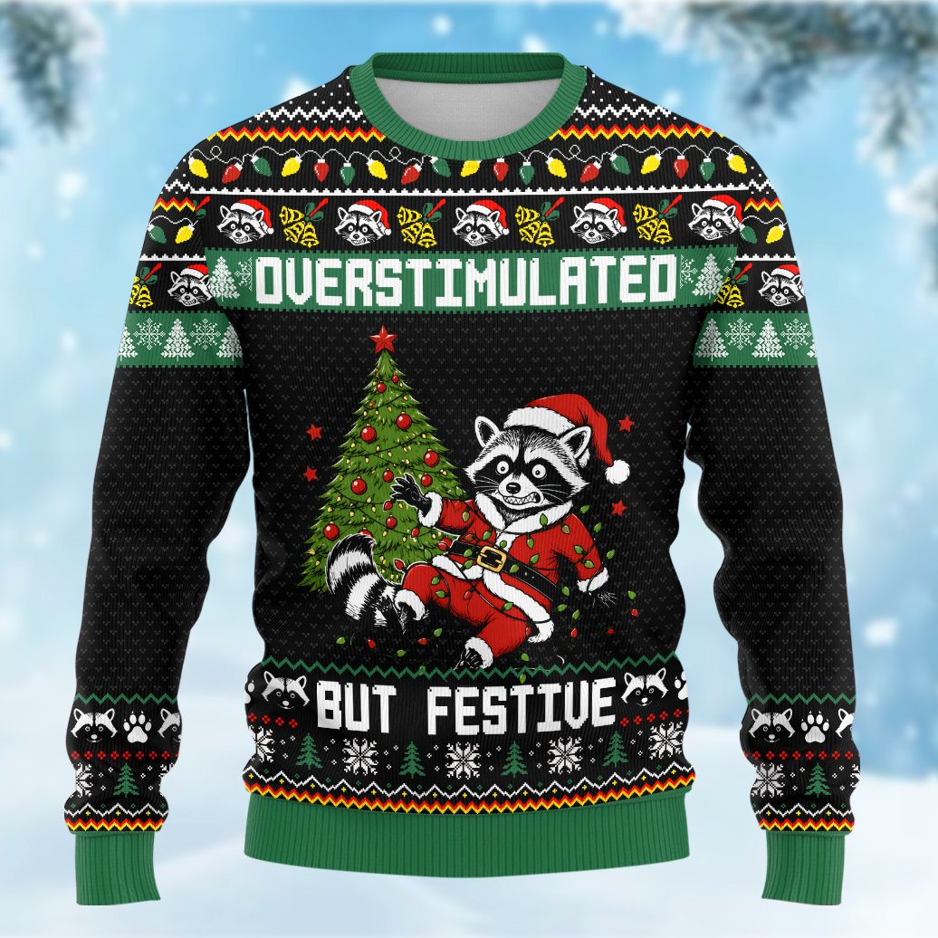 Person modeling the holiday ugly sweater in an indoor setting