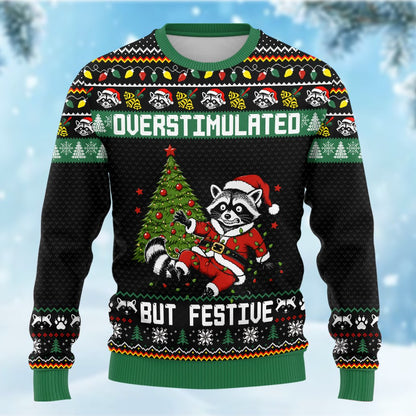 Person modeling the holiday ugly sweater in an indoor setting
