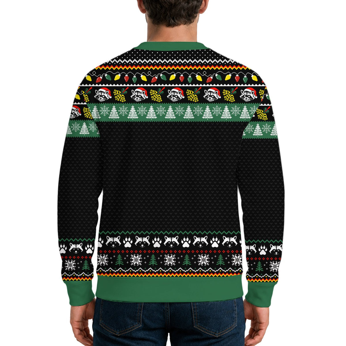 Person wearing the humorous christmas raccoon ugly sweater in a lifestyle setting