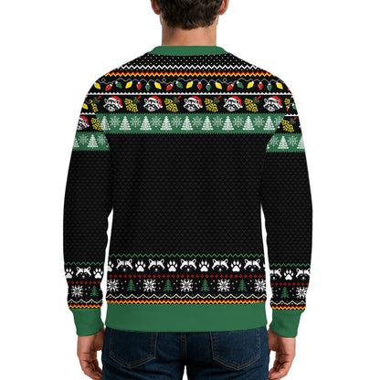 Person wearing the humorous christmas raccoon ugly sweater in a lifestyle setting