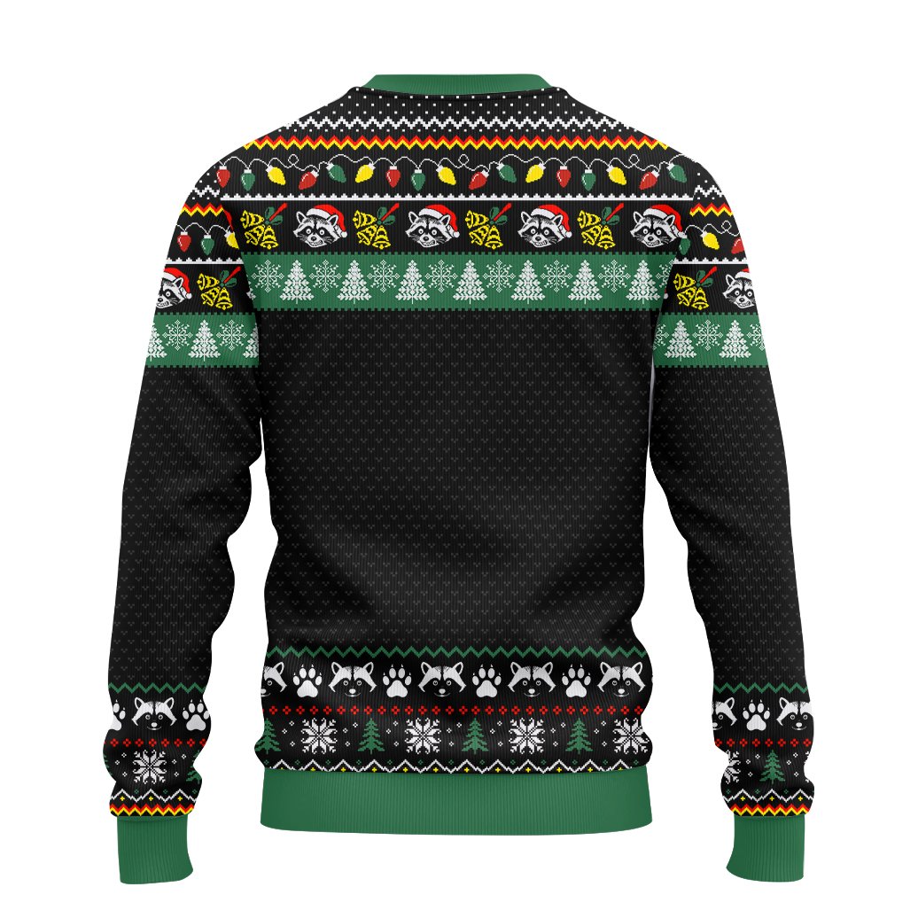 Alternate angle view of the humorous christmas raccoon ugly sweater
