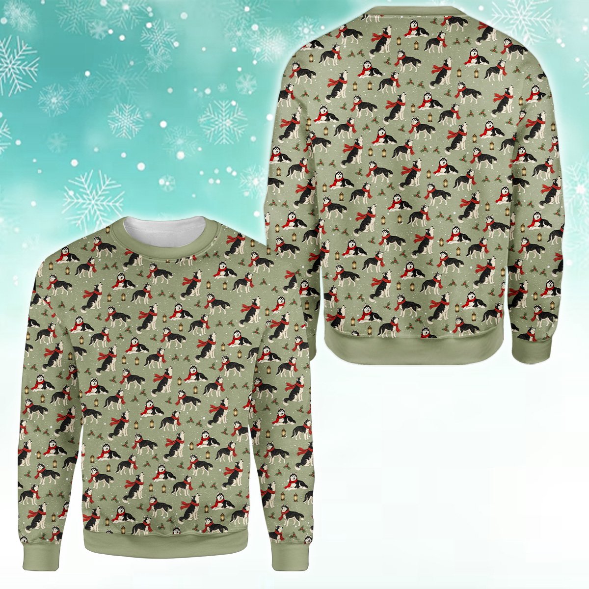 Siberian husky ugly sweater holiday pattern, alternate front view