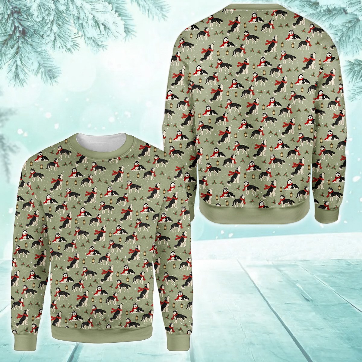 Adult ugly christmas sweater with huskies and holly, front view