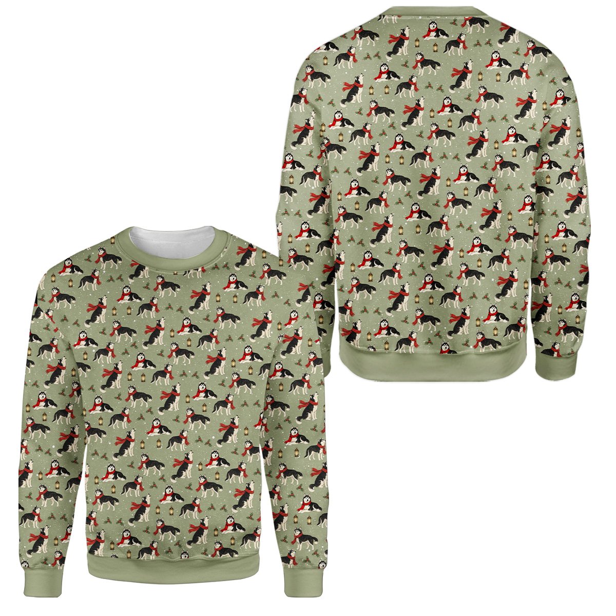 Green husky ugly sweater with red scarves and snowflakes, front view