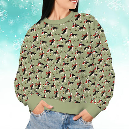 Lifestyle image showing the siberian husky holiday ugly sweater