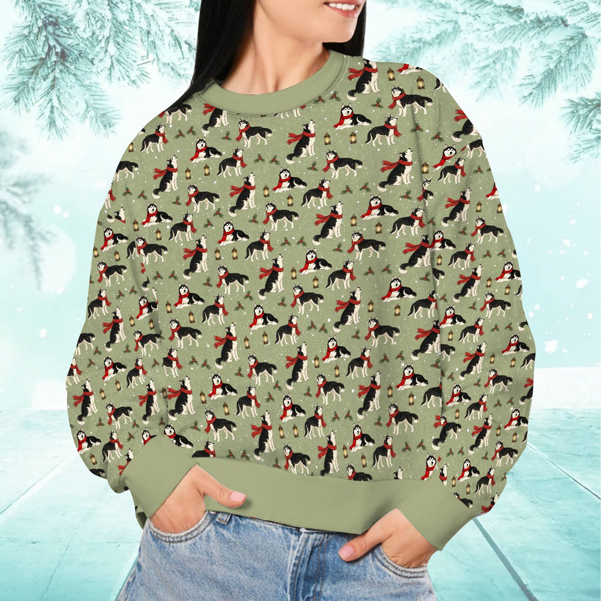Person modeling the green husky ugly sweater outdoors