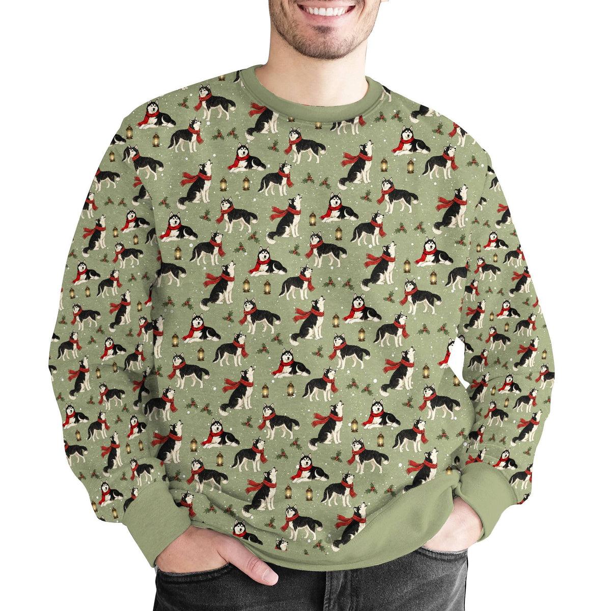 Close-up lifestyle shot of the husky dog holiday sweater pattern