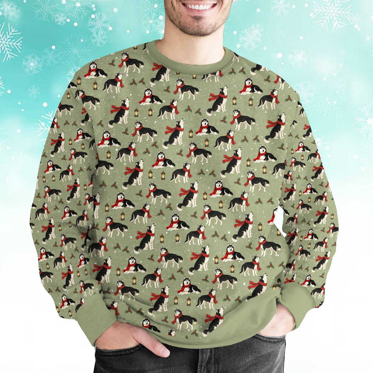 Lifestyle view of the festive green husky sweater with red and white accents