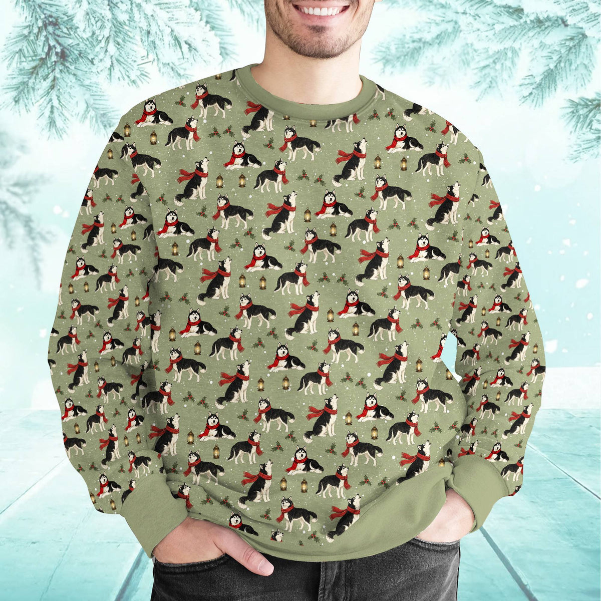 Person celebrating in the green husky ugly christmas sweater