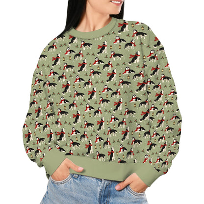 Lifestyle view of a person wearing the green husky ugly christmas sweater