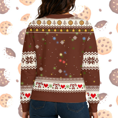 Monster truck gingerbread Christmas ugly sweater, close up back view