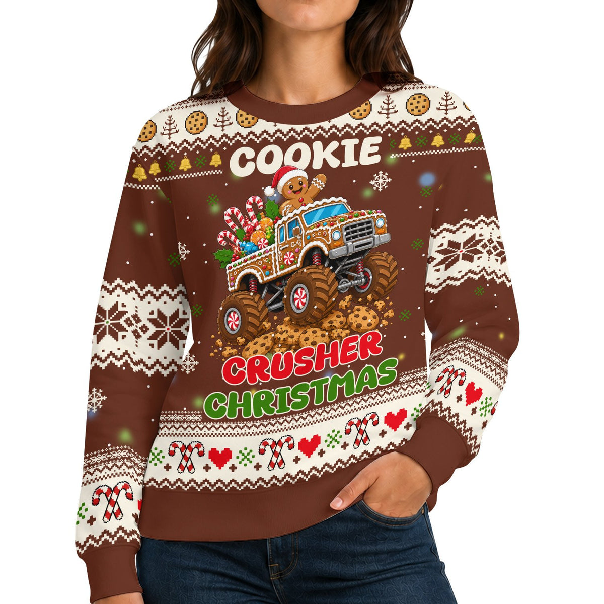 Monster truck gingerbread Christmas ugly sweater, front view