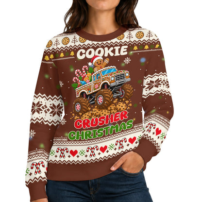 Monster truck gingerbread Christmas ugly sweater, front view