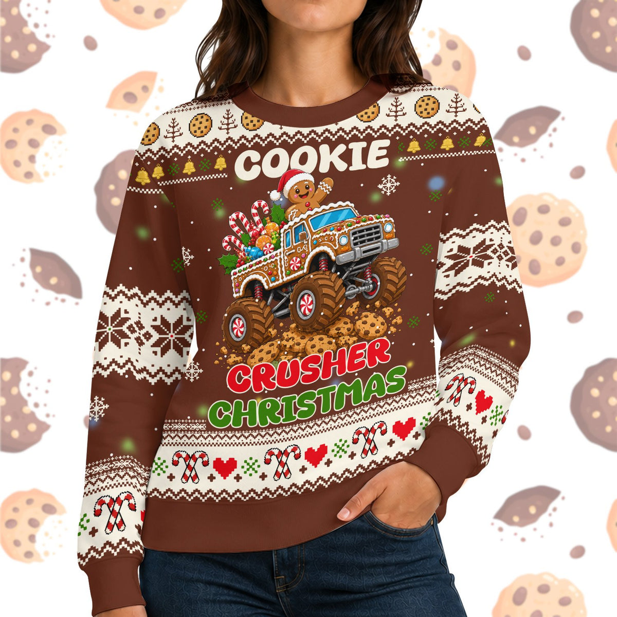 Alternate lifestyle view of the monster truck gingerbread Christmas ugly sweater