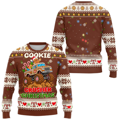 Close up view of the monster truck gingerbread Christmas ugly sweater details