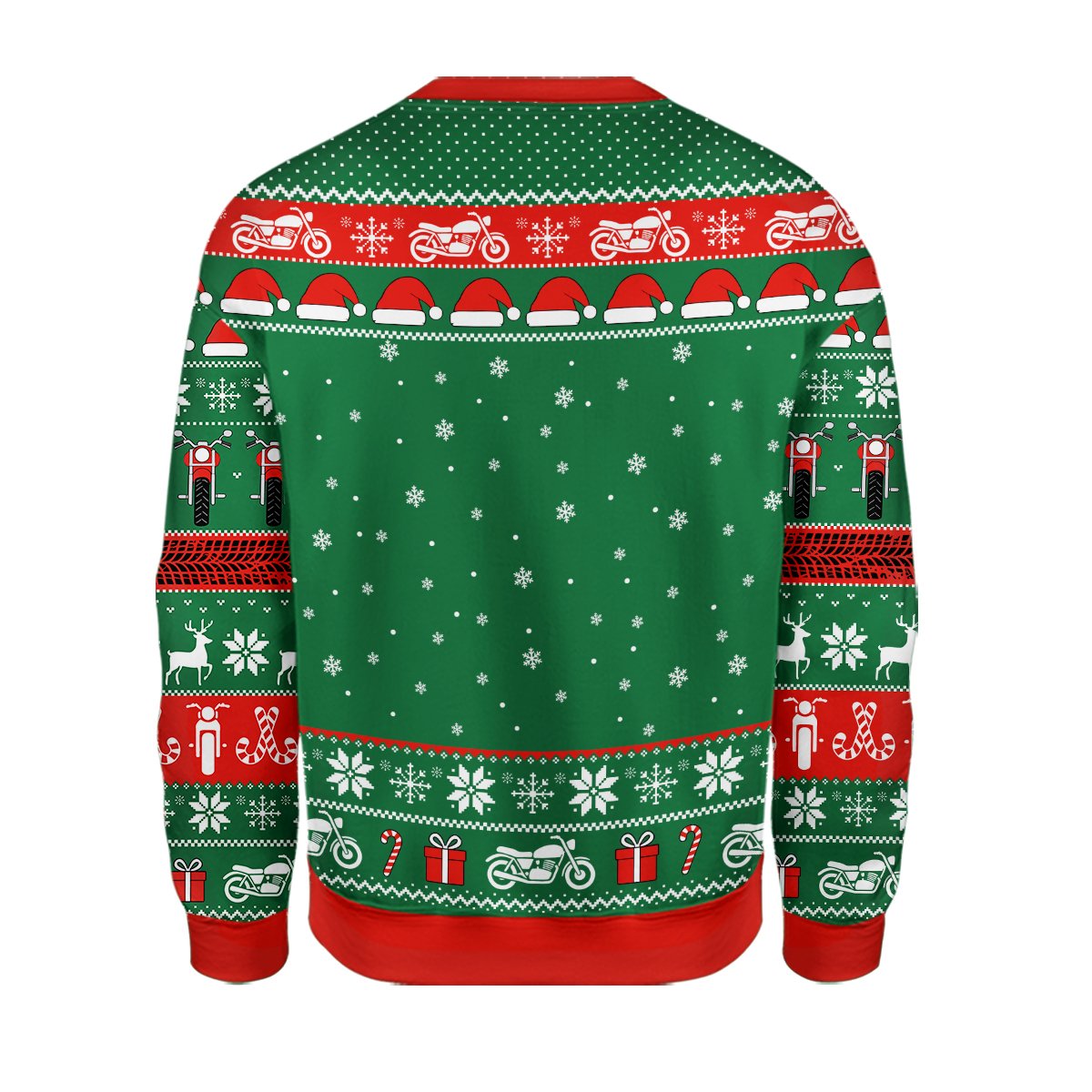 Back view of the green motorcycle ugly christmas sweater