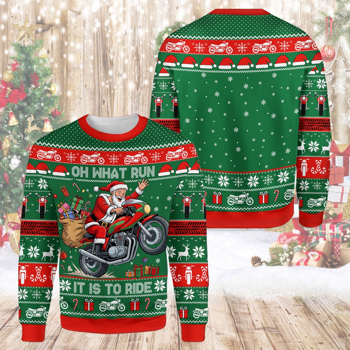 Detail of Santa Claus riding on the green holiday sweater