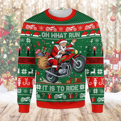 Green ugly christmas sweater motorcycle design front view