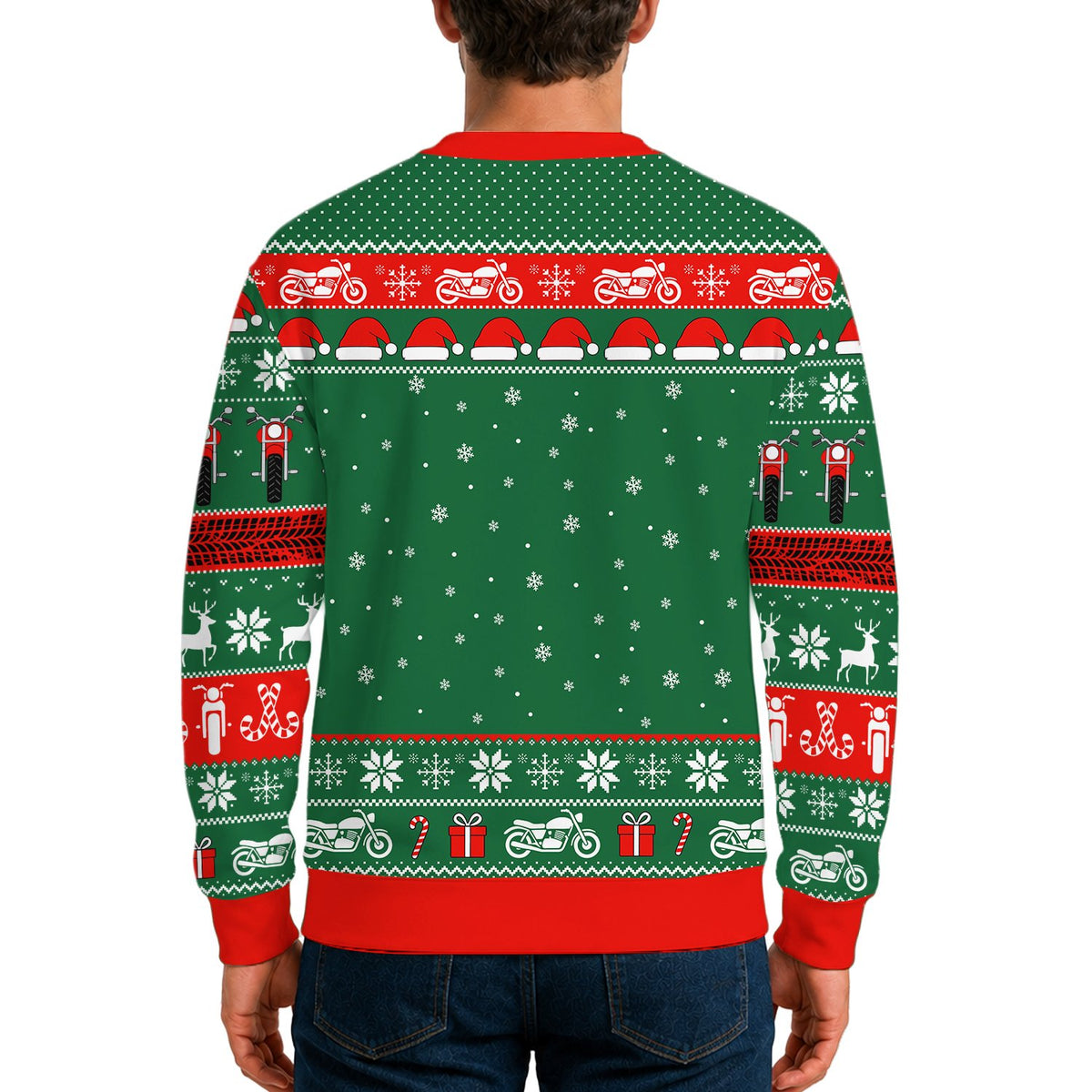 Third lifestyle view of the green motorcycle ugly sweater