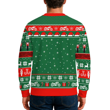 Third lifestyle view of the green motorcycle ugly sweater