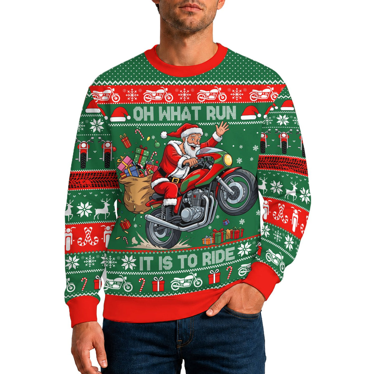 Lifestyle view of an adult wearing the motorcycle ugly sweater