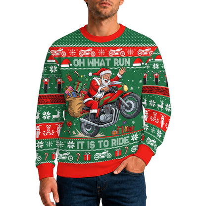Lifestyle view of an adult wearing the motorcycle ugly sweater