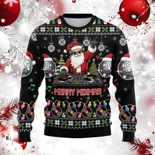 Black music ugly christmas sweater featuring DJ Santa on a turntable, front view