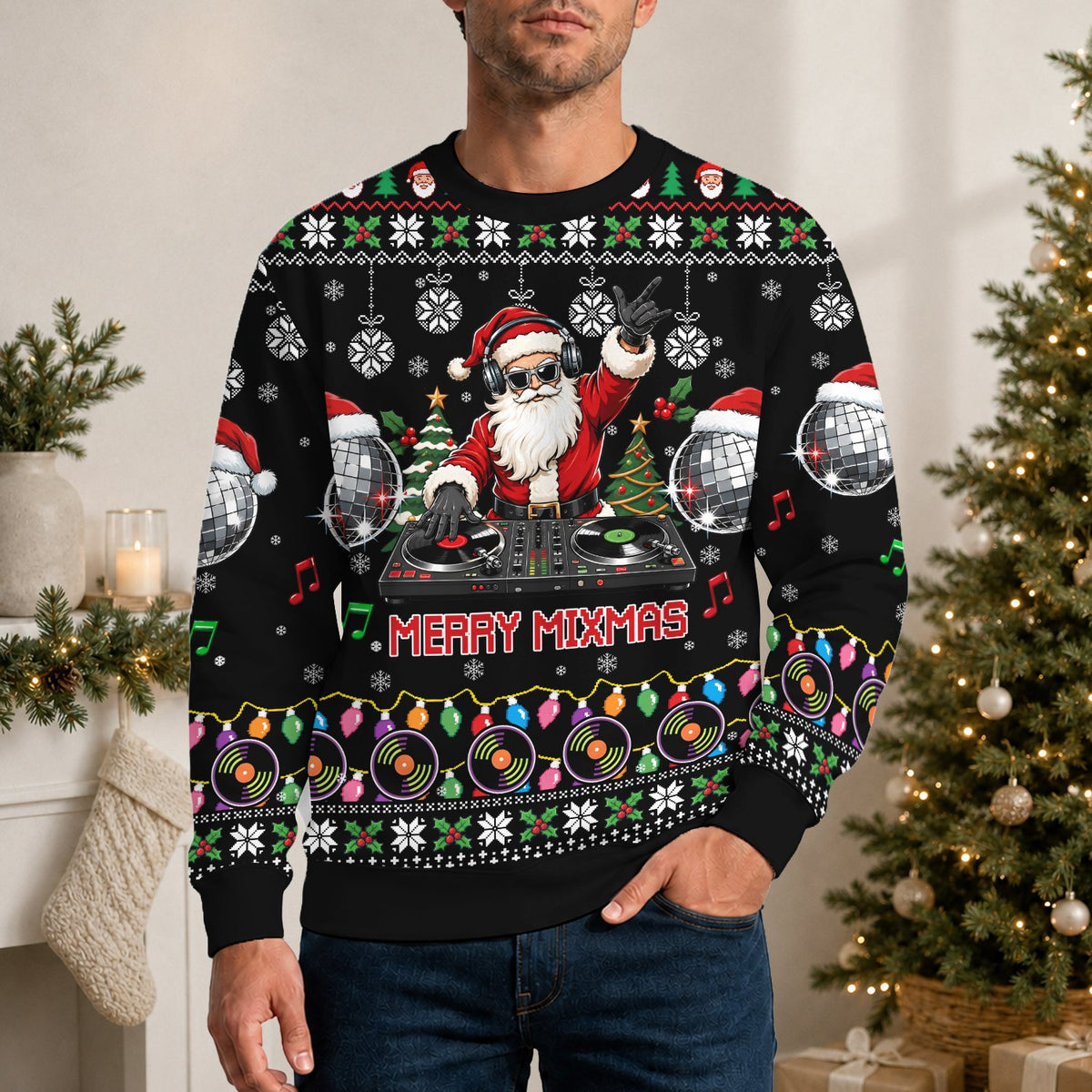 Another lifestyle view of the DJ Santa ugly sweater