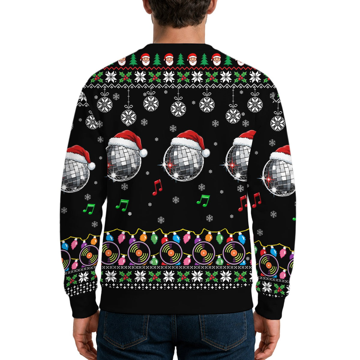 Person wearing the black music ugly sweater at a holiday gathering