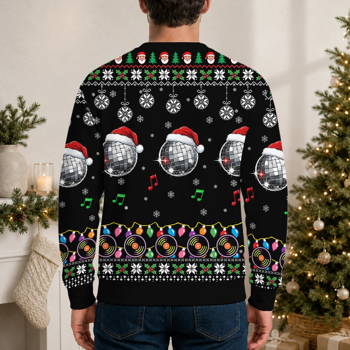 Lifestyle image showing the festive details of the DJ Santa sweater