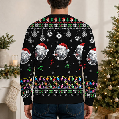 Lifestyle image showing the festive details of the DJ Santa sweater