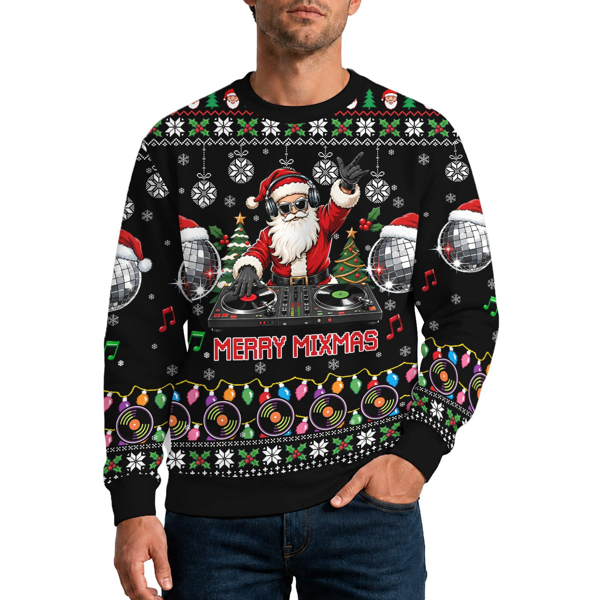 Lifestyle shot of an adult wearing the music ugly christmas sweater