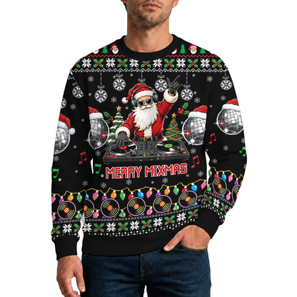 Lifestyle shot of an adult wearing the music ugly christmas sweater