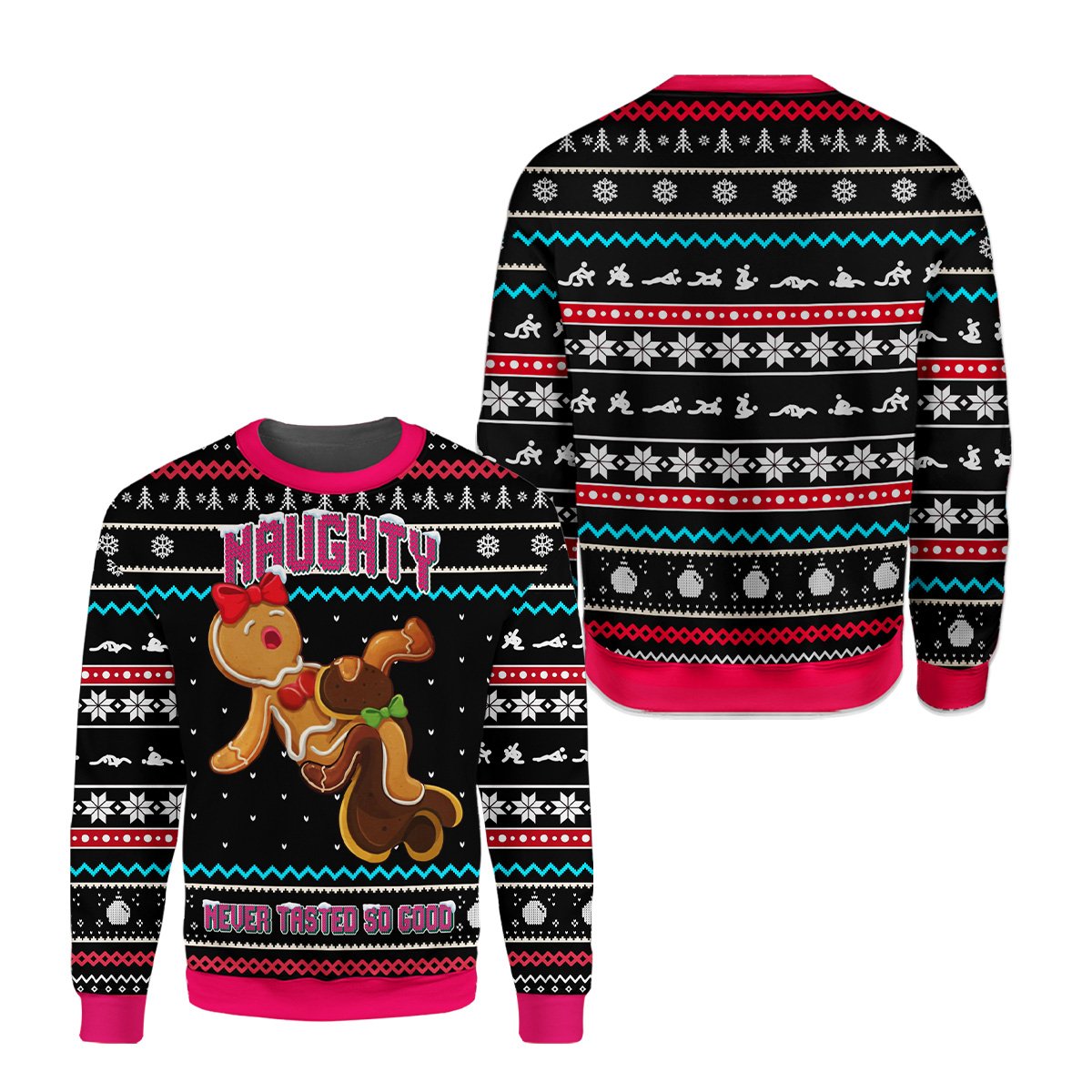 Close up of naughty gingerbread design on black holiday sweater