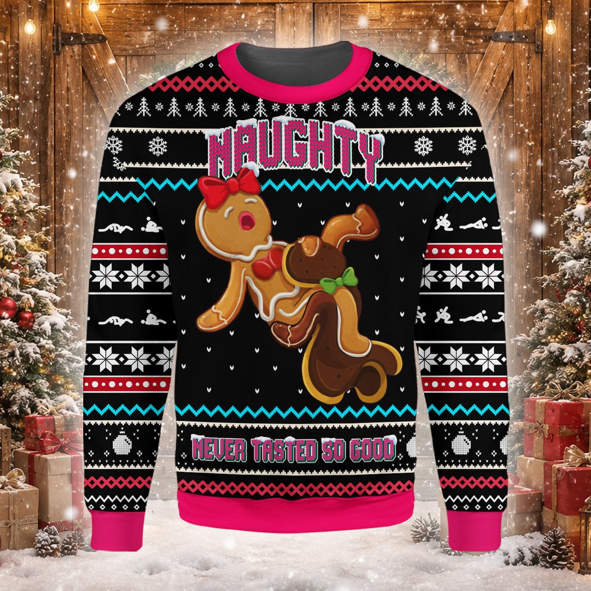 Front view of black naughty christmas ugly sweater