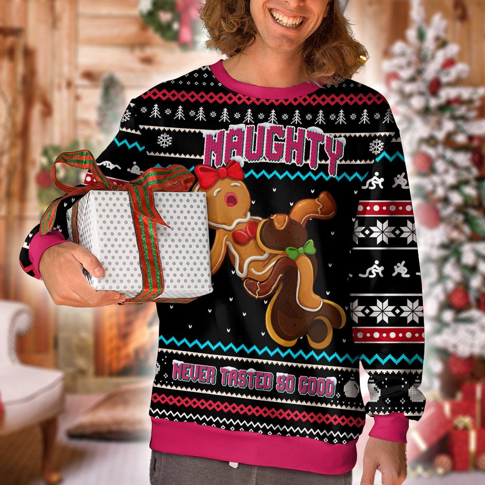 Second lifestyle view of adult wearing black naughty christmas ugly sweater