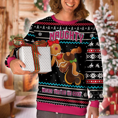 Second lifestyle view of adult wearing black naughty christmas ugly sweater