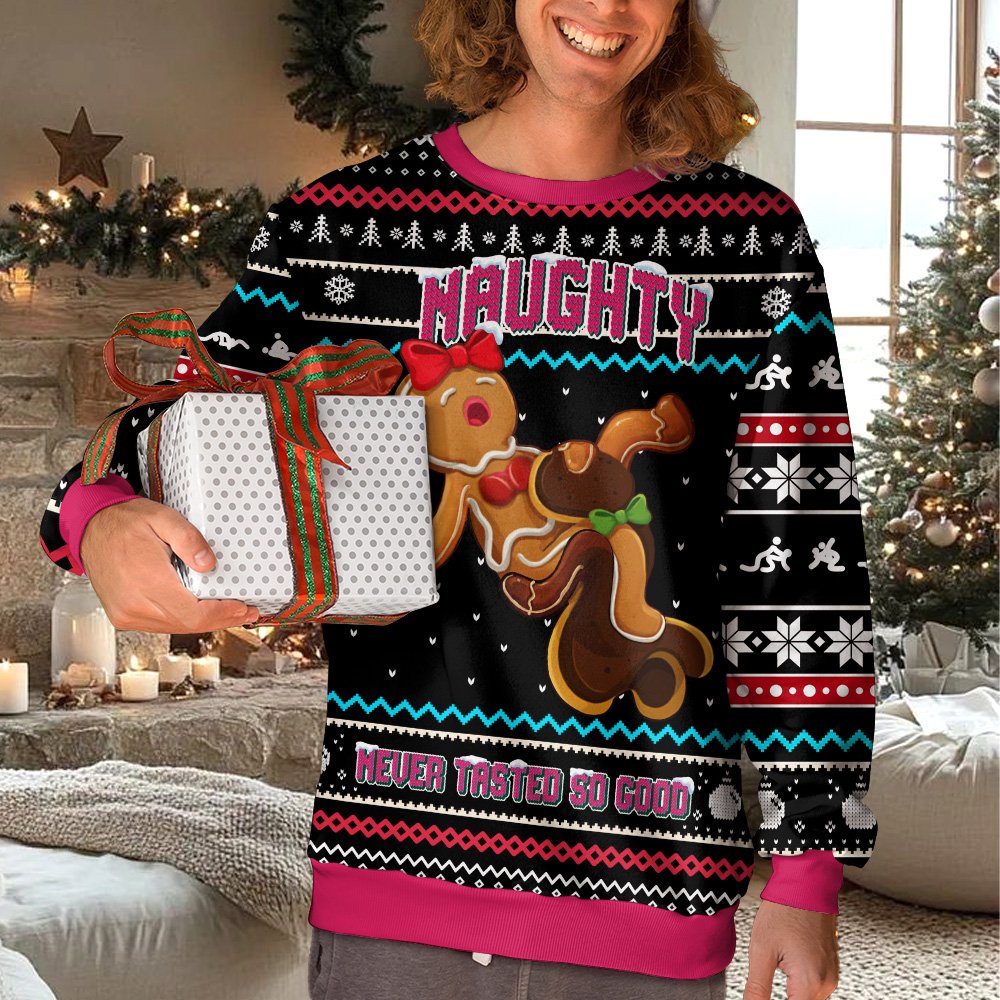 Lifestyle view of adult wearing naughty ugly sweater