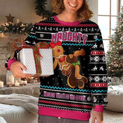 Lifestyle view of adult wearing naughty ugly sweater