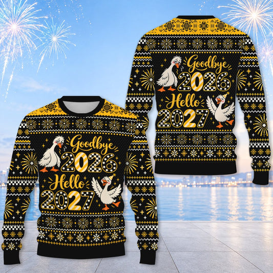 New year ugly sweater with Goodbye 2026 Hello 2027 design on black background, main view
