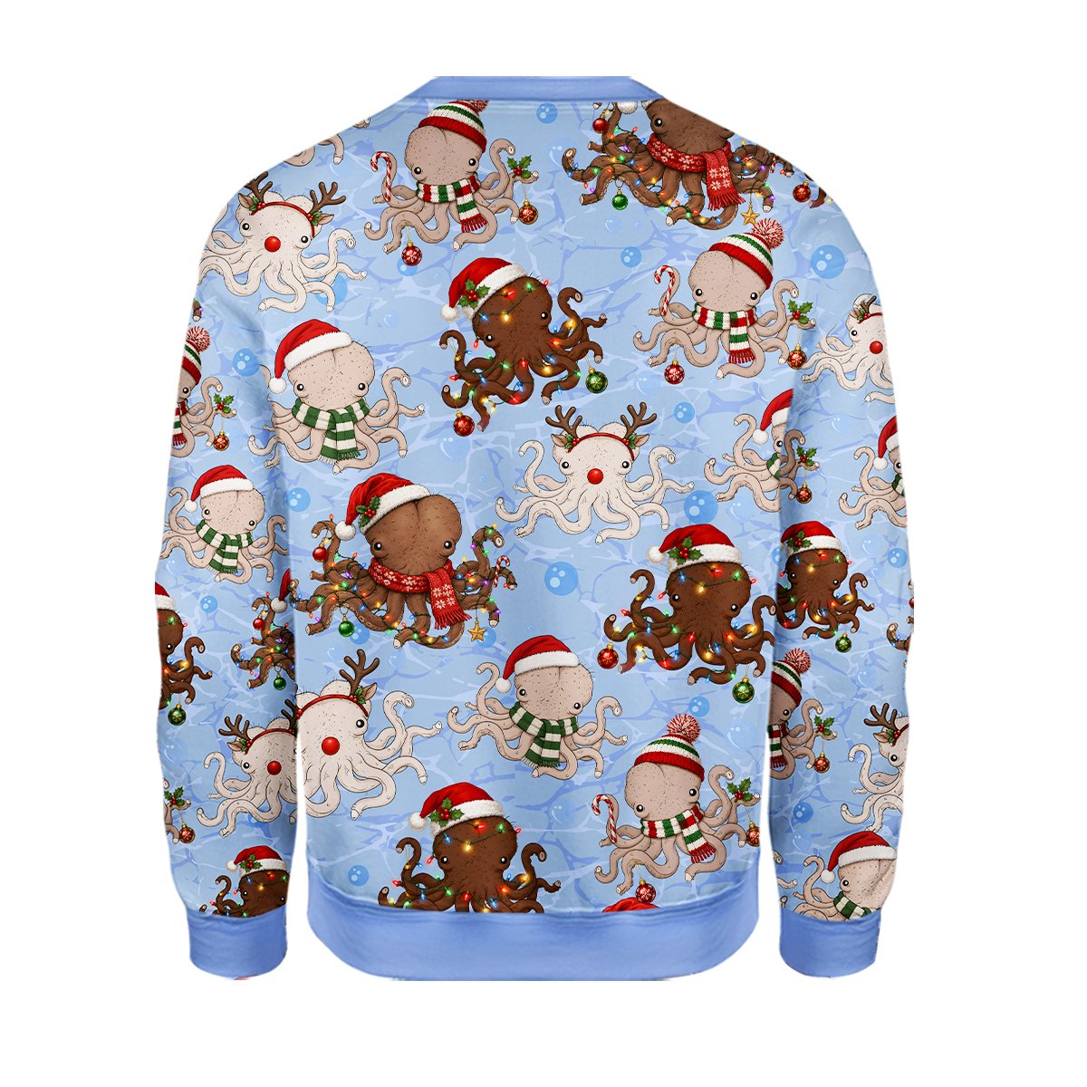 Back view of the light blue octopus Christmas ugly sweater